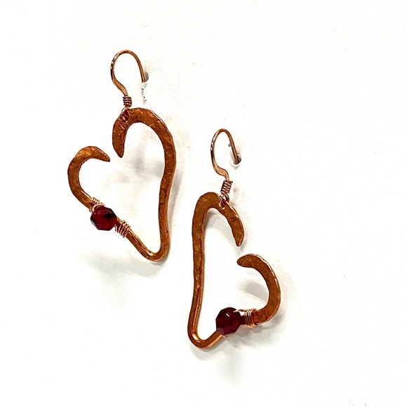 HANDCRAFTED Pure Copper Handwrapped and Hammered Statement Heart Dangle Earrings - Picture 6 of 10